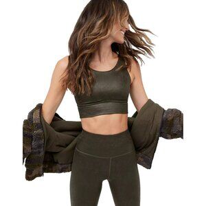 Aerie Offline NEW Hugger Faux Leather Sports Bra Small Crackle Olive Daze Green